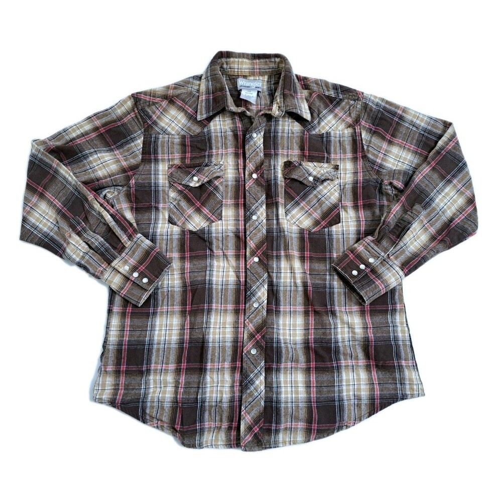 Wrangler Western Rancher Shirt Men's Large Plaid Brown Classic Pearl Snap Button